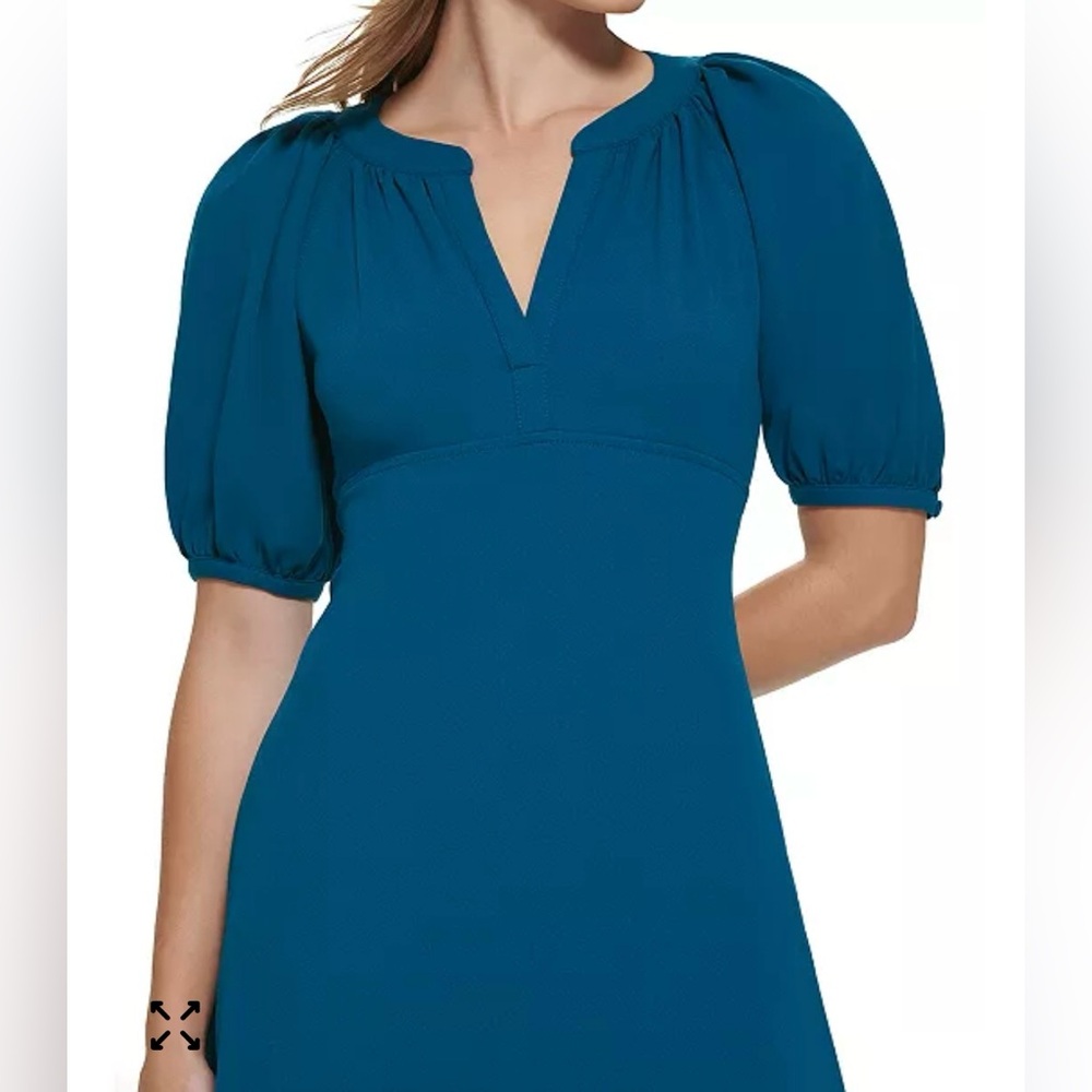 Calvin Klein Women's 6P Teal Blue Split Neck A-Line Mini Dress - Picture 2 of 16